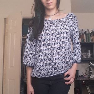Blue and white boho long sleeve peasant top